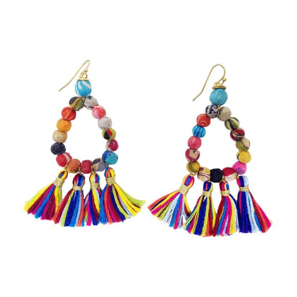 World Finds Kantha Fringe Tassel Earrings - Picture 3 of 4